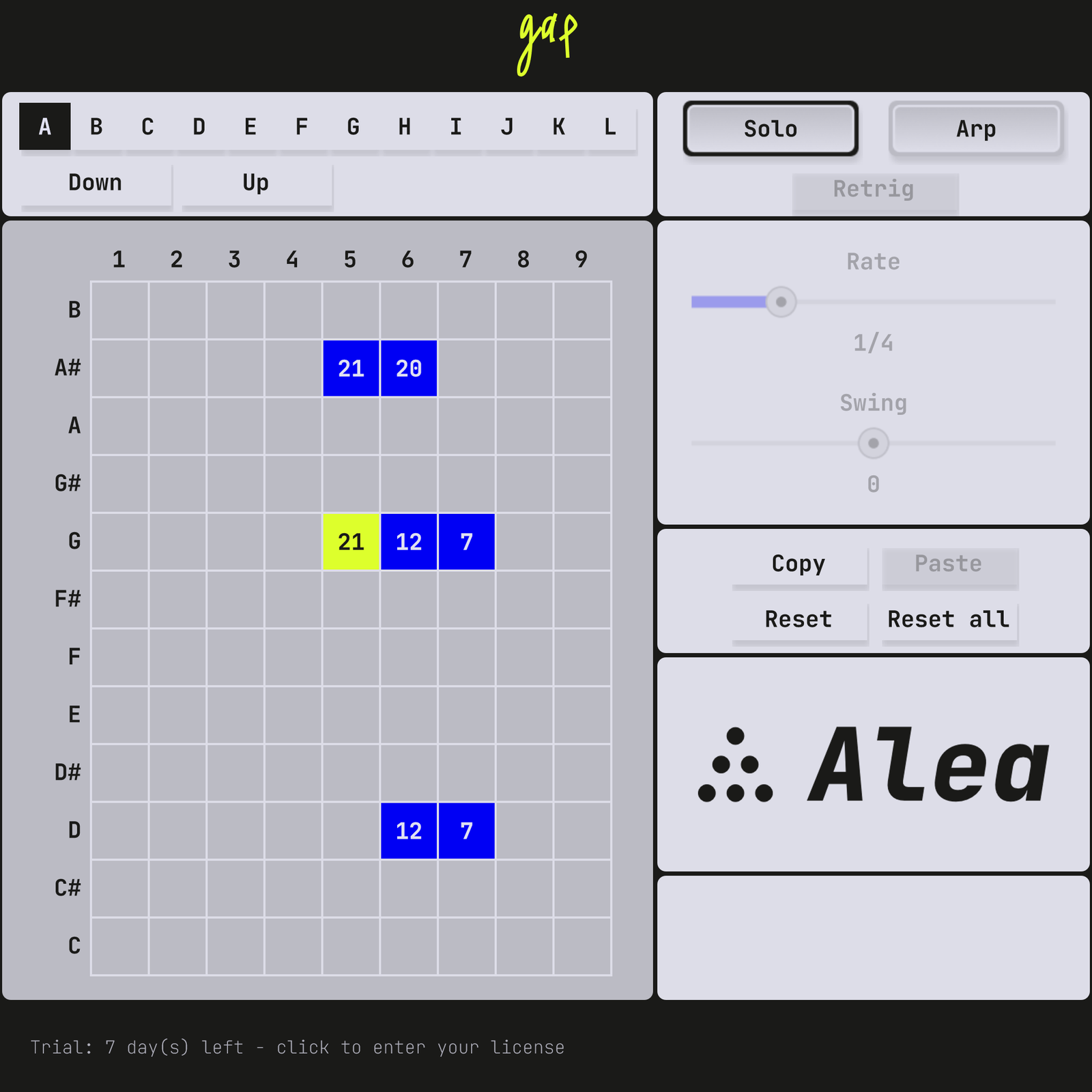 The Alea plugin window: a grid of notes with several blue assigned cells showing their probabilities and one cell lighting up in yellow.