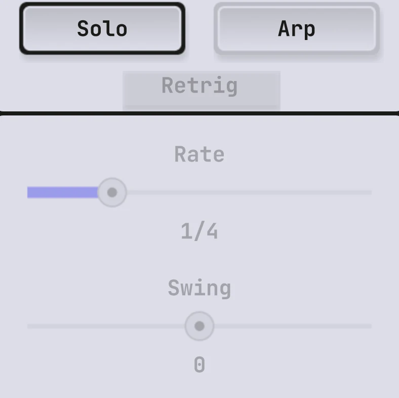 The Solo and Arp buttons, with the Rate and Swing sliders.
